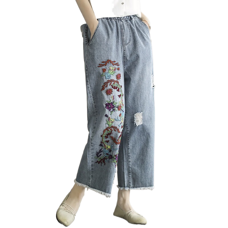 啄木鳥文藝復(fù)古刺繡毛邊破洞牛仔褲女秋季直筒褲寬松大碼顯瘦女士九分褲 A6210#藍(lán)色 L 105-115斤