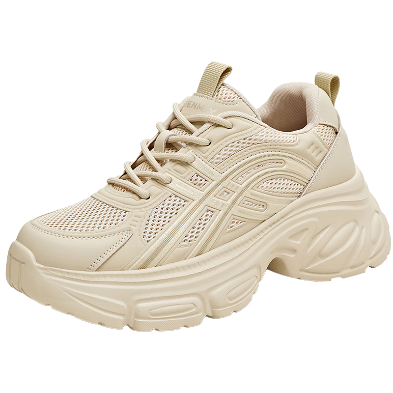 天美意女鞋商場(chǎng)同款休閑系帶厚底女老爹鞋2025春 杏色-2.0熱賣(mài)款 34