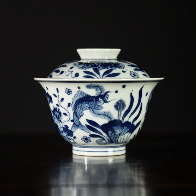 圣山仿古青花魚藻紋蓋碗富貴有余景德鎮(zhèn)陶瓷茶具蓋碗茶杯泡茶蓋碗 仿古青花魚藻蓋碗