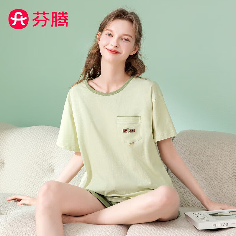 芬腾睡衣男士女士【纯棉】夏季森系圆领休闲花卉短袖家居服套装男友 浅绿-女款5 2XL
