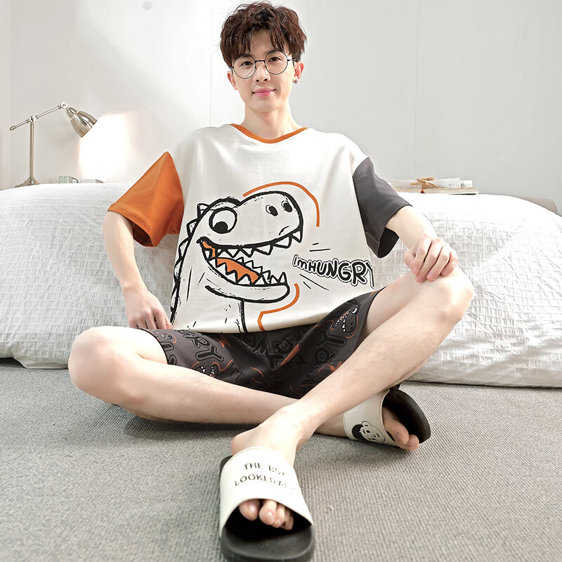 萧淑妃睡衣男夏季纯棉短袖短裤可外穿青少年学生卡通蜡笔小新家居服套装 恐龙 5XL 京东折扣/优惠券