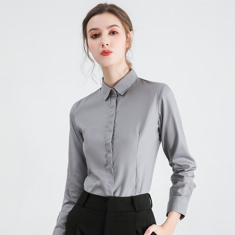 G2000官方棉職業(yè)長(cháng)袖暗扣襯衫女商務(wù)正裝定制服上衣免燙通勤工裝襯衣 旗艦旗艦灰色 3XL 旗艦旗艦44適合130斤