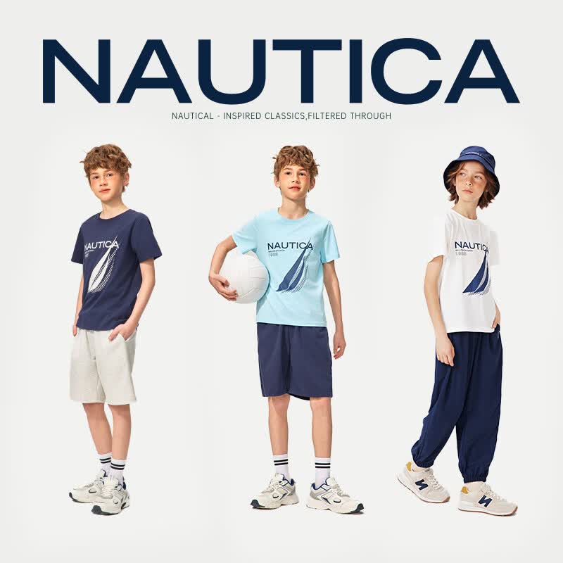 NAUTICA诺帝卡童装女童男童套装夏季短袖t恤儿童夏季套装亲肤上衣速干 白色-上衣 160