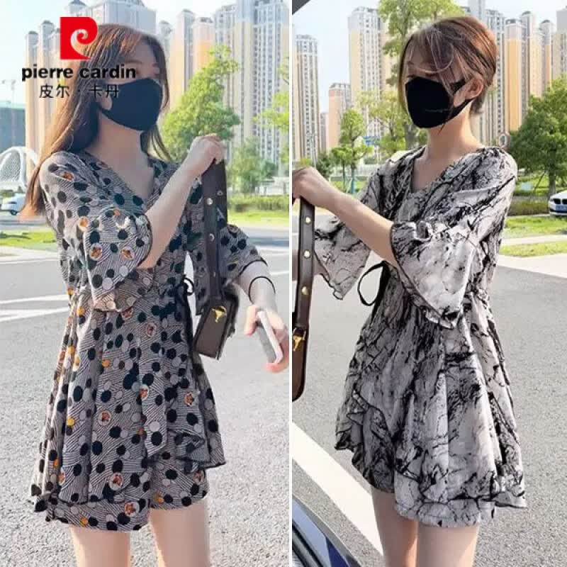 皮尔卡丹(pierre cardin)夏季雪纺套装宽松高腰显瘦洋气时尚连衣裙大码女装胖mm短裤两件套 水墨色套装【连衣裙+裤子】 XL 建议【125-140斤】