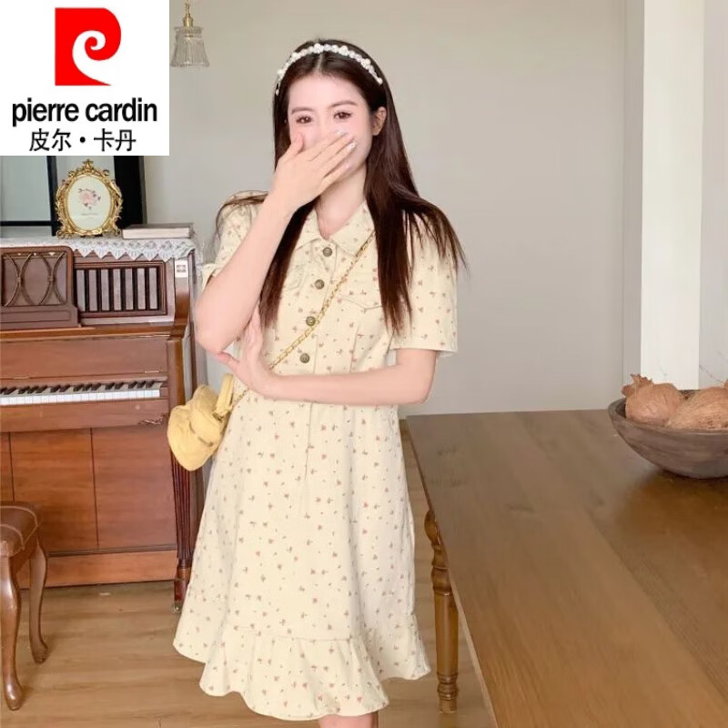 皮尔卡丹（pierre cardin）大码女装法式连衣裙夏季温柔碎花新款MM短袖显瘦开叉裙子 杏色【短款】 M 建议80-100