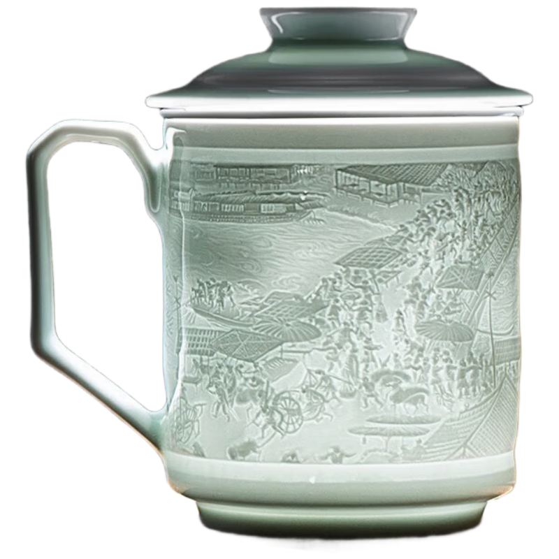 金镶玉黄守良手作 景德镇影青瓷茶水分离茶杯陶瓷茶具礼盒装 清明上河图