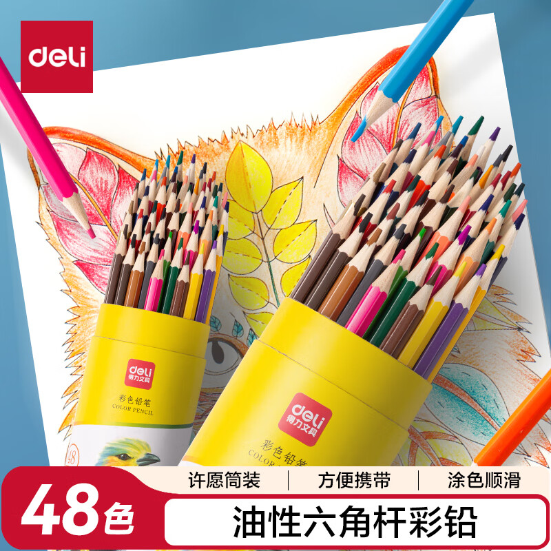 得力（deli）48色油性彩色铅笔原木六角杆彩铅勾线素描画画学生绘画涂色画笔美术套装女孩儿童l礼物HM455-48
