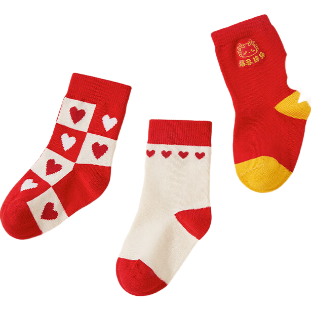 全棉時(shí)代兒童襪子過年紅色襪子地板襪防滑襪寶寶中筒襪子 桃心 15cm