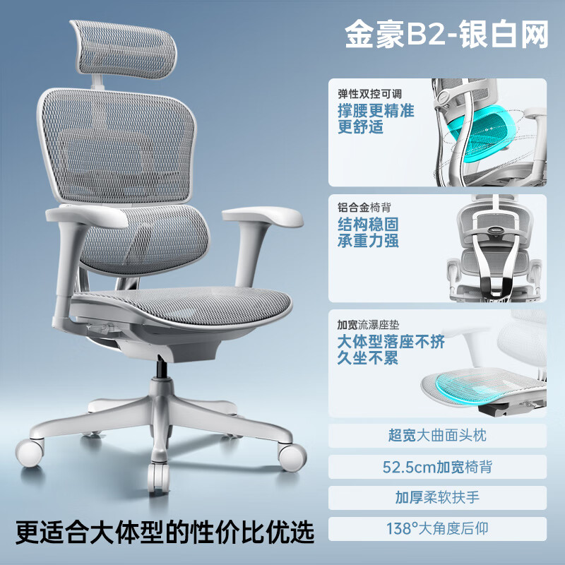 保友办公家具（Ergonor）保友金豪B2代雄鹰人体工学椅电脑椅电竞靠背办公座椅 【金豪b2】银白网 尼龙脚 旋转 升降扶手