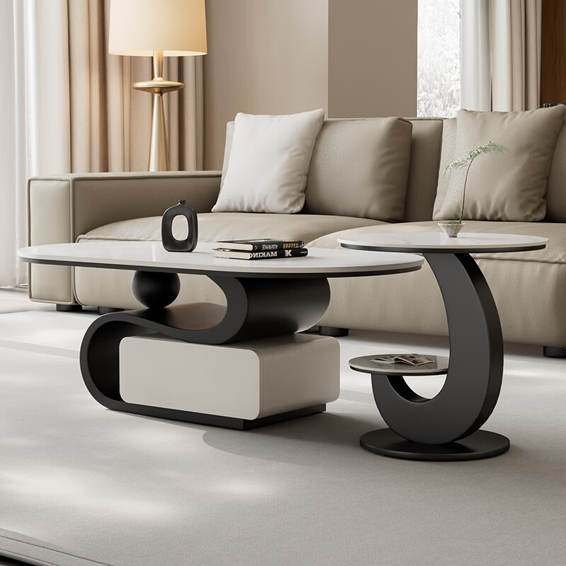 宅小调岩板意式椭圆S形茶几轻奢用客厅极简现代简约小户型新款创意组合 120*60*45+边几