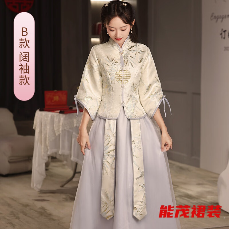 萱眸新中式伴娘服新款四季中國風婚禮秀禾顯瘦姐妹服伴娘團禮服 中式灰色竹鳥闊袖B款闊袖 M