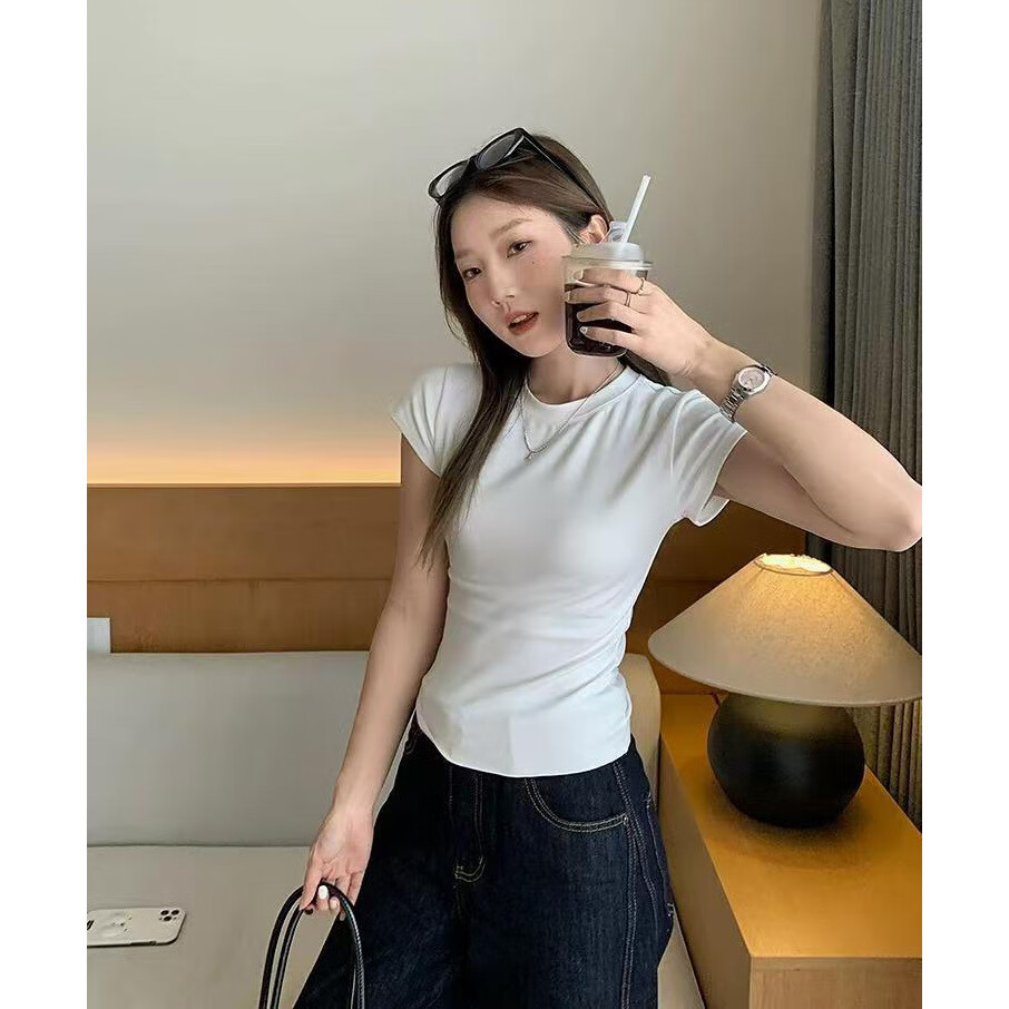 夏季新款修身辣妹短款正肩紧身上衣白色短袖打底衫内搭t恤女装 纯色白色 L