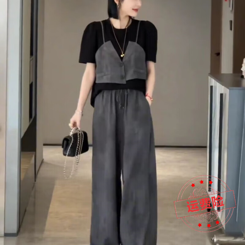 俞兆林（YUZHAOLIN）假兩件短袖套裝女2025夏季新款闊腿褲長褲短褲撞色拼接短袖兩件套 長褲套裝【短袖+長褲】 XL 【建議120-134斤】