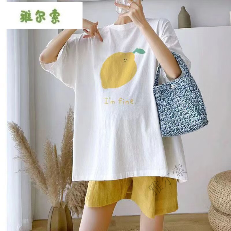 雅尔索孕妇装2025新款夏天簿款外穿网红辣妈一整套大码t恤遮肚托腹短裤 白色上衣【单上衣】 M