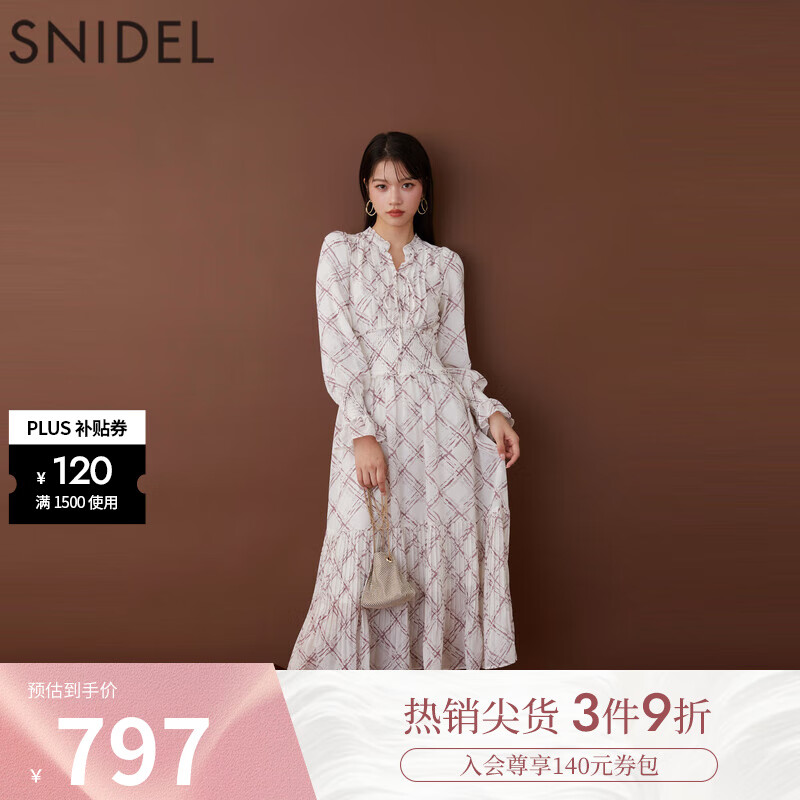 SNIDEL秋冬甜美泡泡袖立領(lǐng)格紋收腰百褶連衣裙SWFO245130 灰白色 S （0）