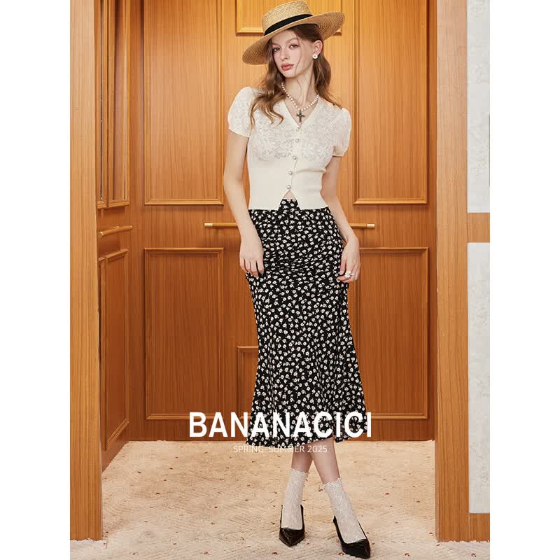 banana cici2025年夏季新款原创复古花卉暗纹提花纹理V领针织开衫C252MY589 米白 M