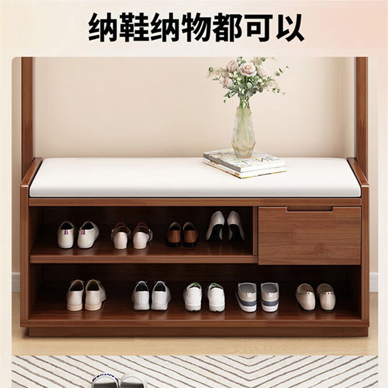 兔喜万家实木衣帽架挂衣架换鞋凳一体进门可坐式鞋柜入户客厅鞋架卧室落地 象牙白升级款金色挂钩【全实木】 80x33x180cm【送货上门】