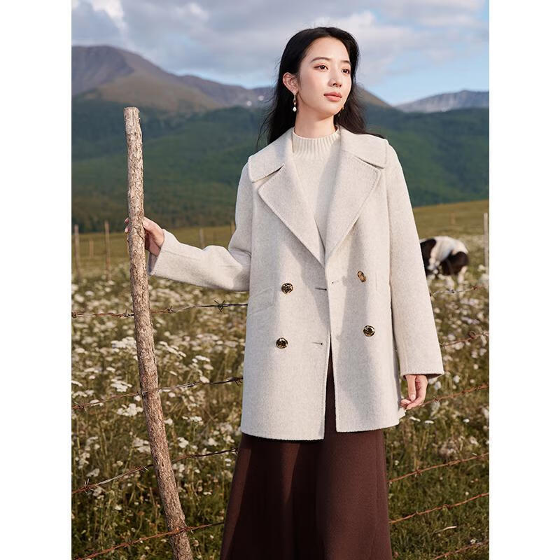 香影（xiangying）冬季新款感雙面呢大衣中長(cháng)簡(jiǎn)約口袋小個(gè)子毛呢外套女 燕麥色 S