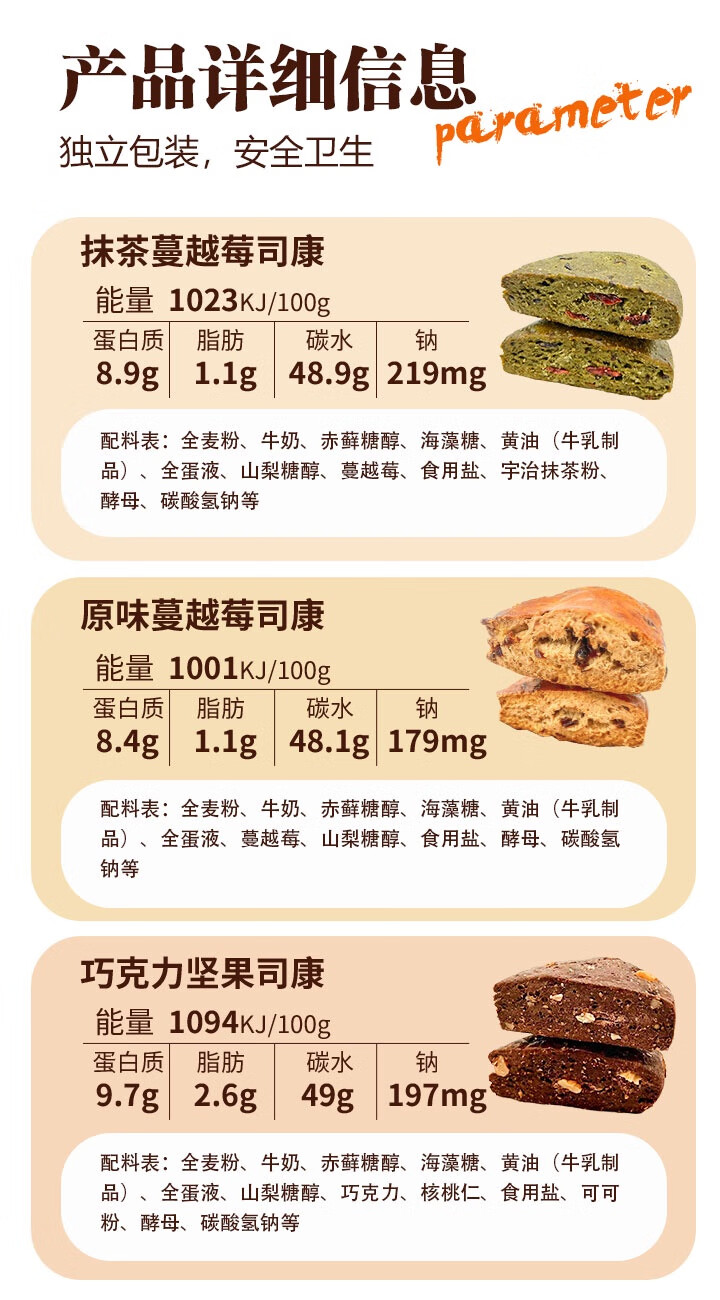 袋鼠先生英式全麥司康低脂卡健身代餐飽腹下午茶面包早餐零食糕點(diǎn)充饑 原味+巧克力味+抹茶味各2個(gè) 270g