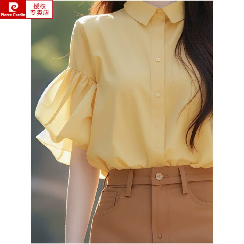 皮尔卡丹（pierre cardin）法式高级感黄色翻领衬衫女夏设计感独特漂亮小衫别致减龄半袖上衣 黄色【专柜品质 】 XL