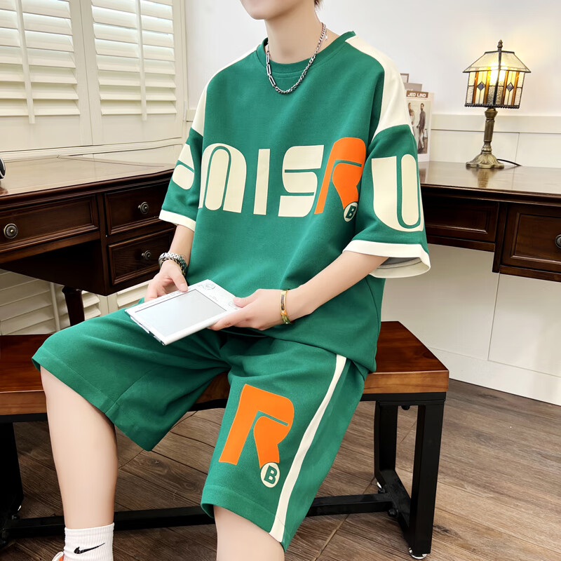 汉尼邦初中生夏季套装男大童青少年男装帅气学生潮流搭配休闲运动夏装 NDCTZ9986  绿色套装 L 105-120斤