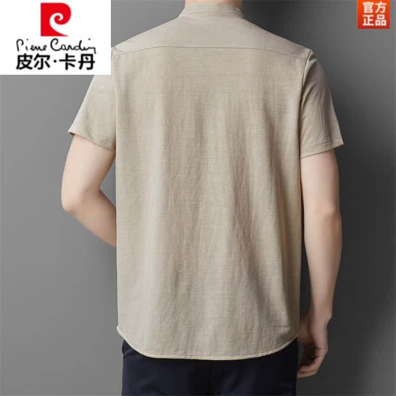 皮尔卡丹（pierre cardin）唐装2025棉麻短袖衬衫男士商务休闲国风亚麻衬衣透气纯色夏季衬衫 卡其色 4XL (120)