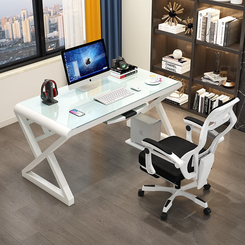 元优钢化玻璃电脑桌书桌稳固加大现代简约办公家用台式电脑桌游戏桌子 【圆角全黑】无键盘托 长140cm宽60cm高75cm