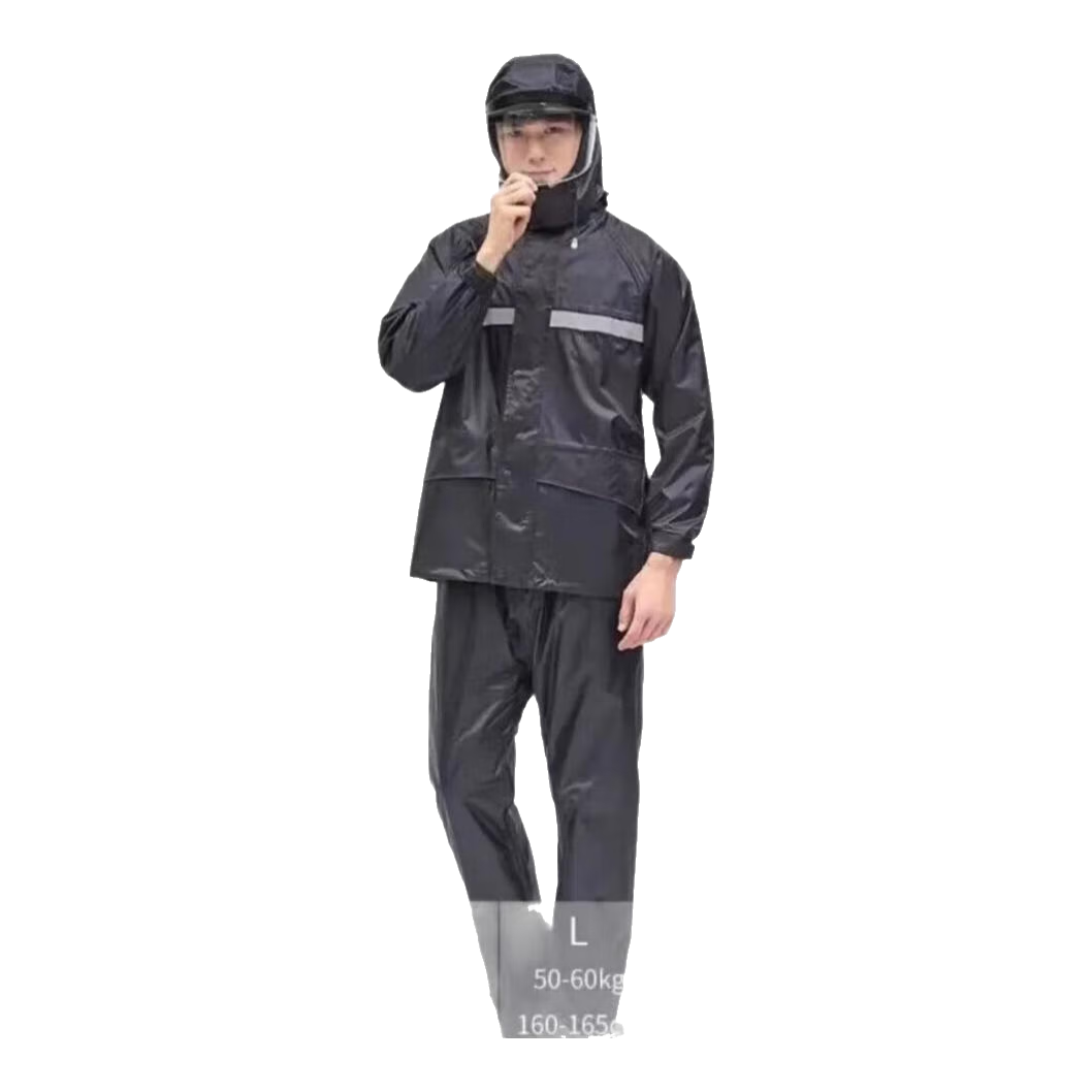 騎安大面罩雨衣雨褲分體套裝男女外賣(mài)騎手戶(hù)外專(zhuān)用雙層抗暴雨防水雨披 黑藏青色套裝-2161可轉動(dòng)面罩款 4XL