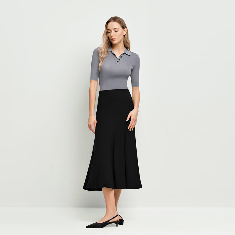 OVV2025春夏新款女装醋酸经典大方优雅A字大摆长款半身裙 赫本黑 L