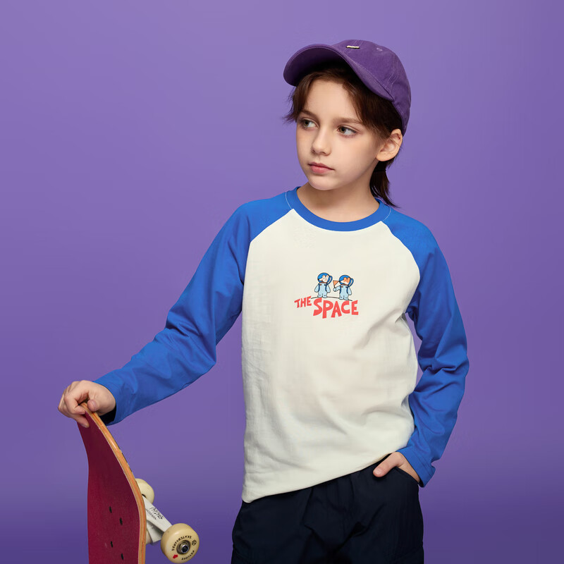 马骑顿(MQD)MQD童装男大童25新品潮酷休闲撞色插肩袖卡通圆领T恤亲子 宝蓝 120