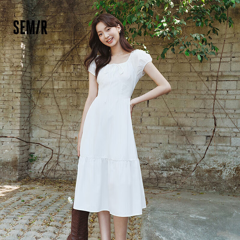 森马（Semir）连衣裙女白月光气质温柔夏季2025蝴蝶结优雅U领长裙109325114004