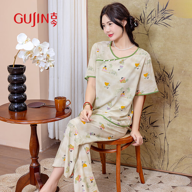 古今（GUJIN）夏上新国风印花棉绸睡衣女短袖长裤薄款凉感冰丝舒适家居服套装
