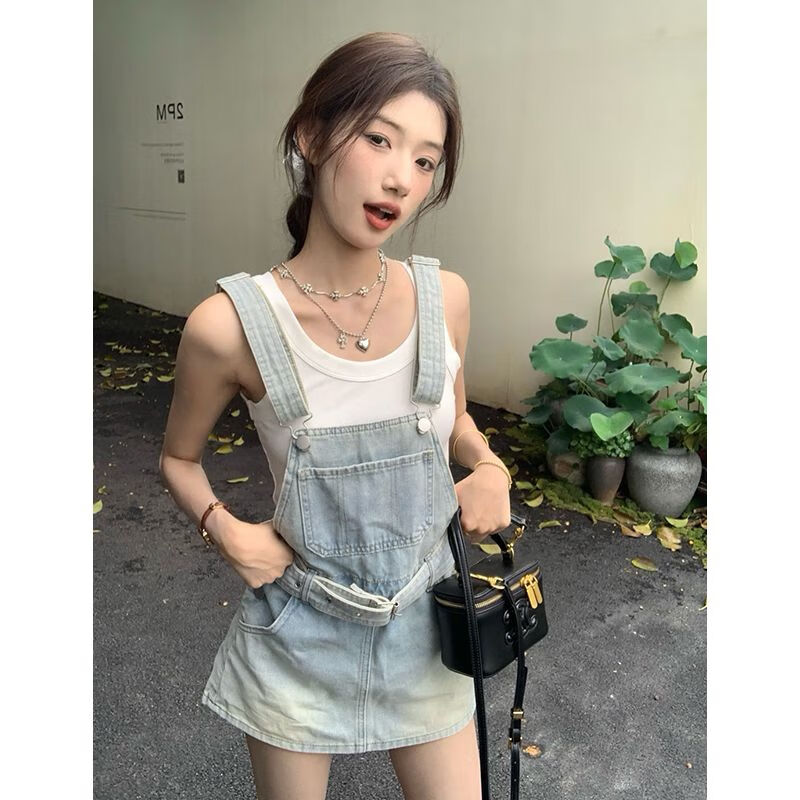 WANGJIANG甜美可愛(ài)小個(gè)子牛仔背帶裙女2025年春季新款收腰顯瘦防走光短褲裙 藍(lán)色 XS 70-89斤