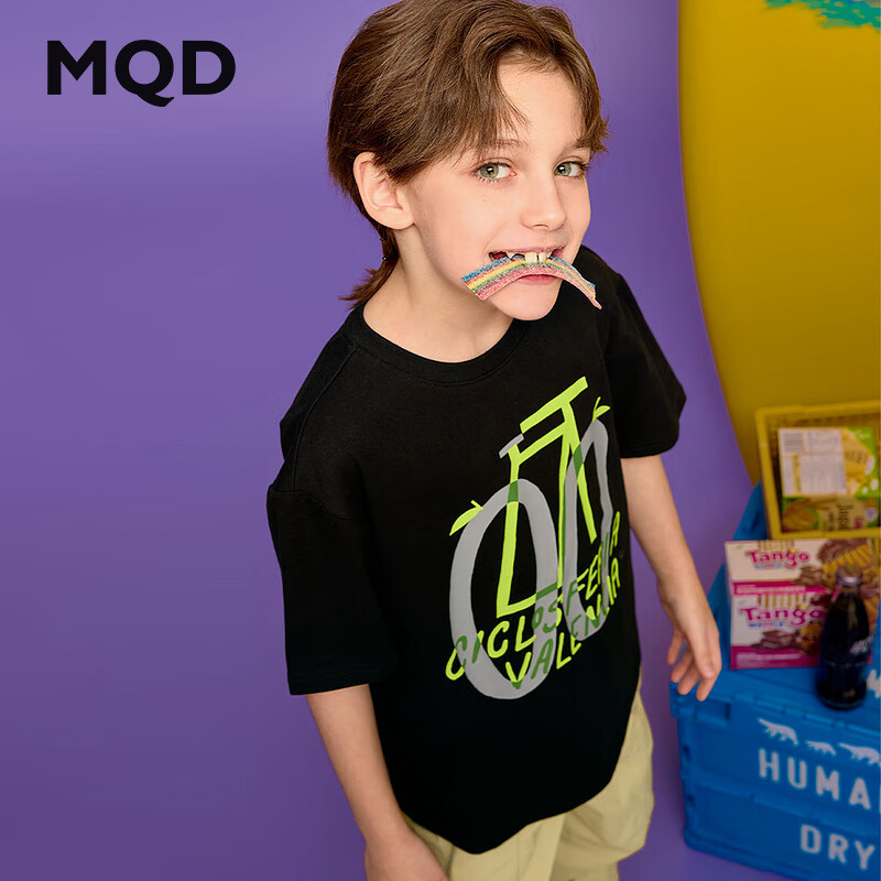 马骑顿（MQD）男大童夏季新品学院风潮酷休闲卡通短袖运动亲肤儿童T恤 黑色 140