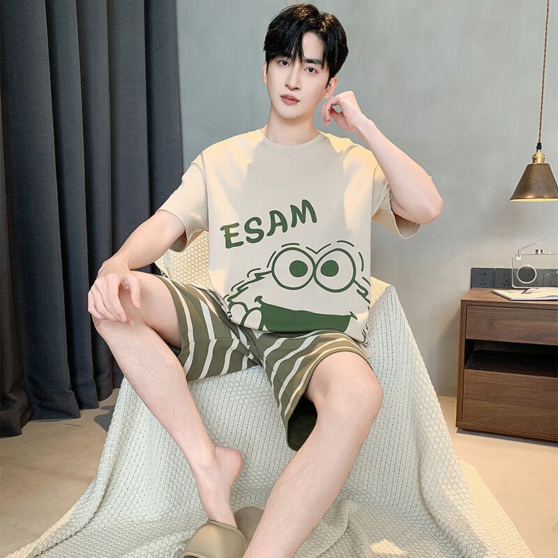 萧淑妃夏季纯棉男士睡衣青少年学生可外穿大码卡通短袖短裤家居服套装 芝麻街 5XL