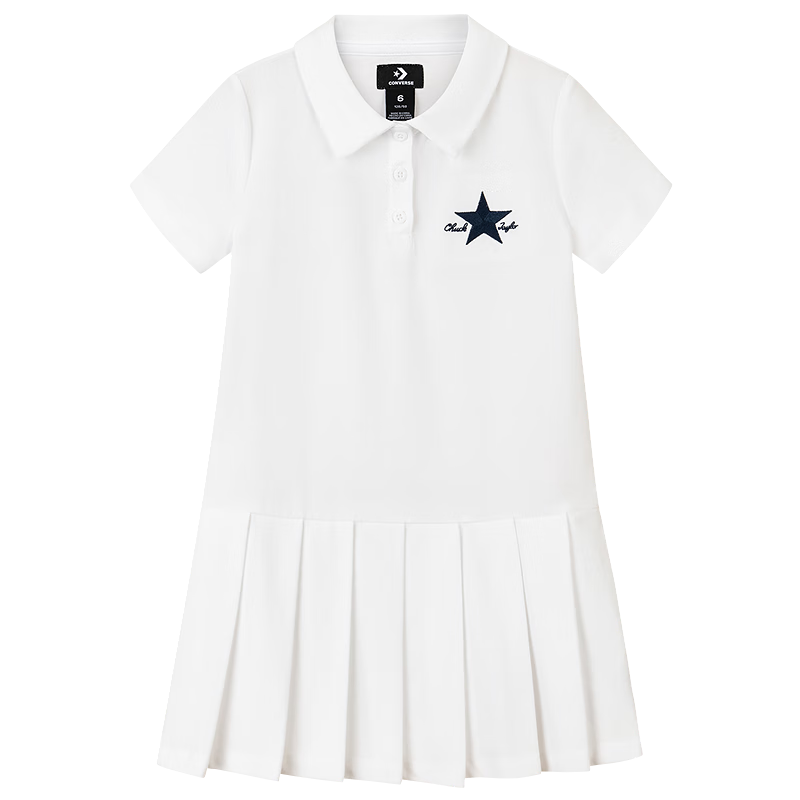 Converse匡威童裝女童連衣裙2025夏季新款Polo領(lǐng)百褶裙中大童休閑純色裙子 純白色 150 /68 【建議身高140-152cm】