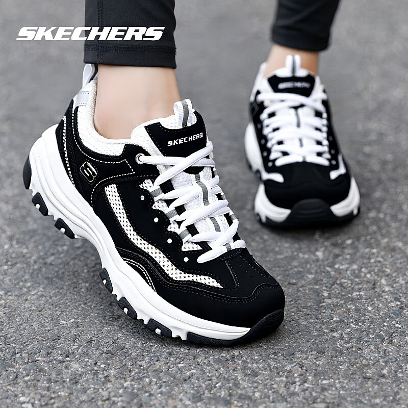 斯凯奇（Skechers）女鞋夏季2025新款厚底增高老爹鞋小白鞋网面熊猫鞋轻便休闲运动鞋 黑白色-BKW 36