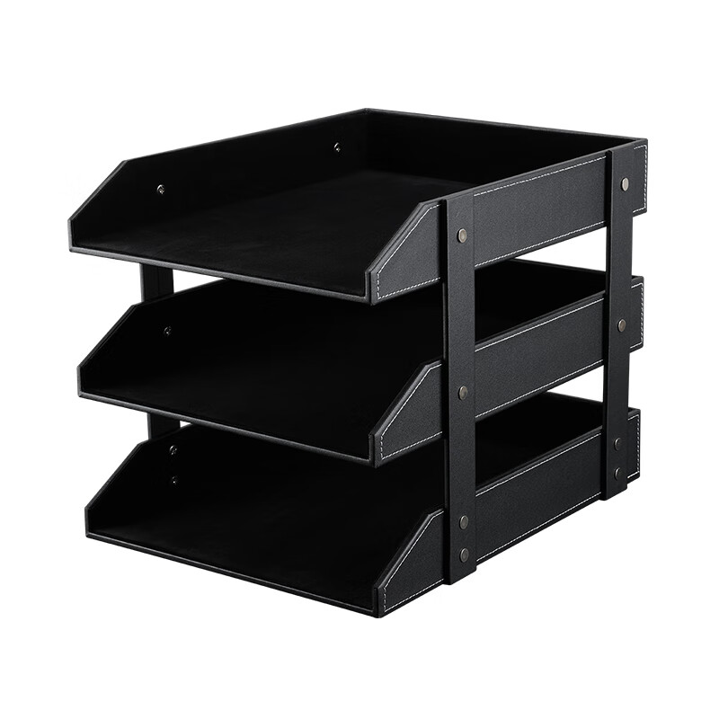 利蓝(LEADLAND)皮质文件架办公室桌上文件座置物架财务资料档案框文件收纳盘办公用品 【商务办公之选】黑色三层A272