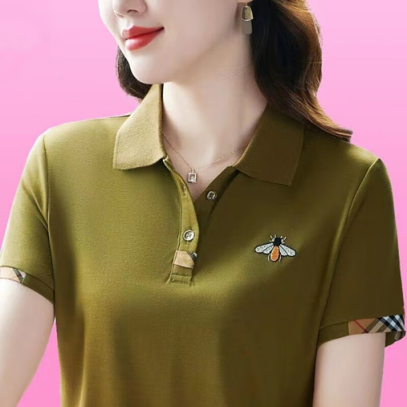妈妈装短袖t恤夏季2026大码女装洋气显瘦女士POLO领打底衫上衣服 YB-833KY杏色 M 【建议80-95斤】