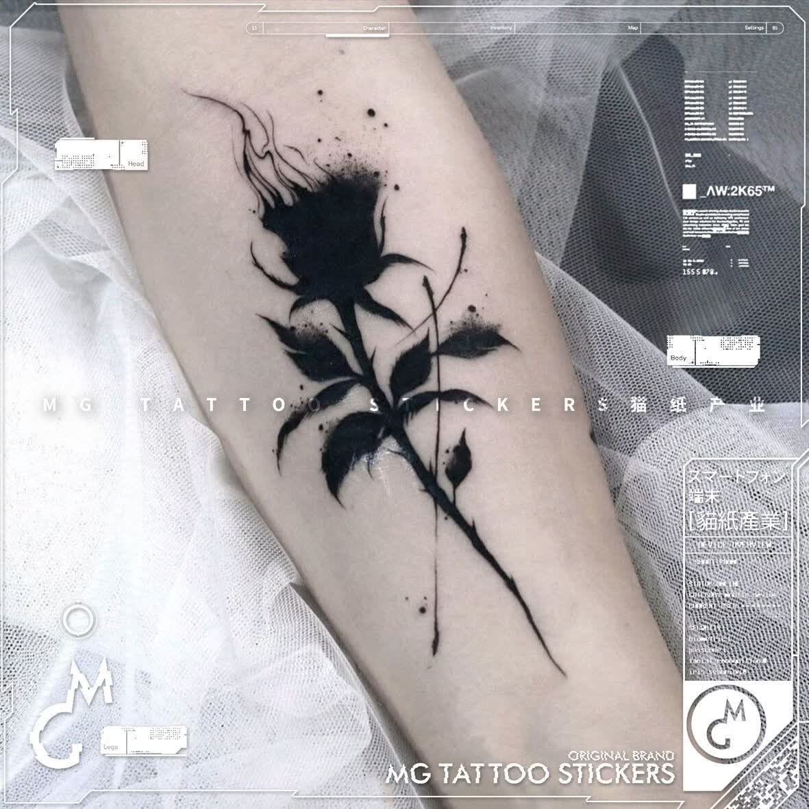 淘菲象MG tattoo 暗黑系黑色火焰禁忌玫瑰荆刺花朵图案纹身贴纸男女个性 1张