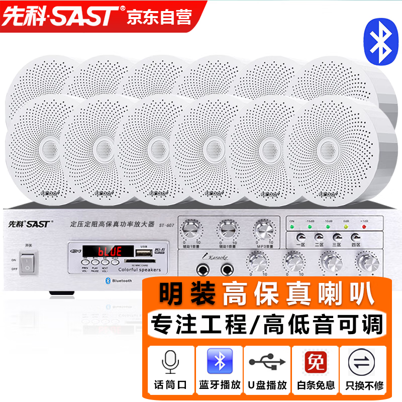 先科（SAST）明裝吸頂音響喇叭套裝 有線壁掛墻式吊頂天花無線藍牙功放家庭背景音樂店鋪商場廣播音箱一拖十二