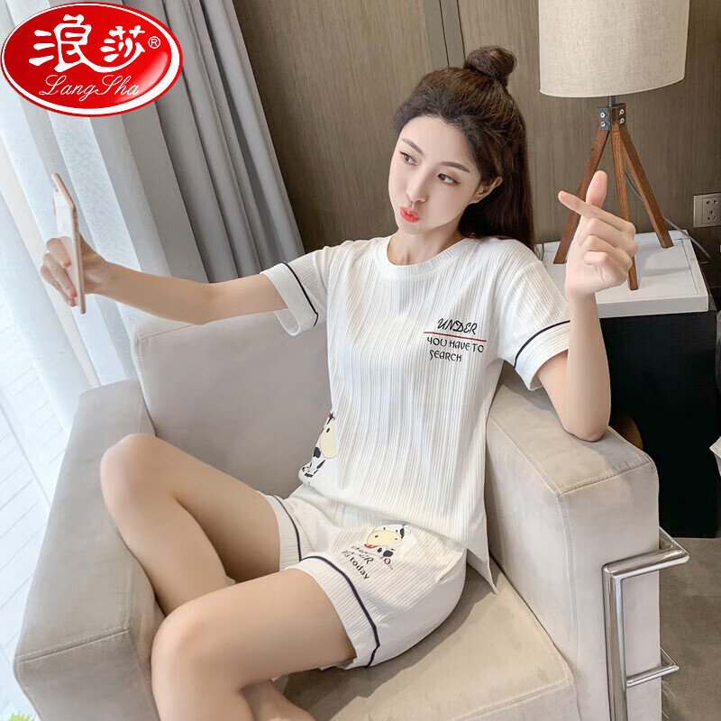 浪莎睡衣女夏季純棉2025新款可愛女生短袖短褲套裝薄款韓版卡通家居服 H2317白牛短褲 L 165[建議105斤-125斤]
