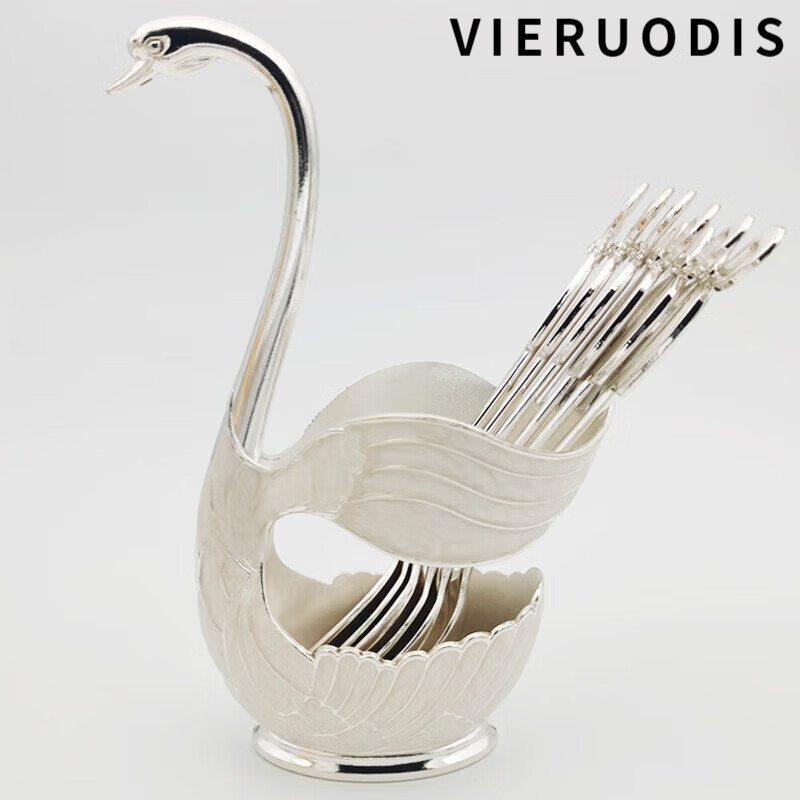 VIERUODIS德國進口品質(zhì)水果叉天鵝座純銅天鵝底座創(chuàng)意餐具歐式水果叉子甜品 銀白天鵝大號配六勺