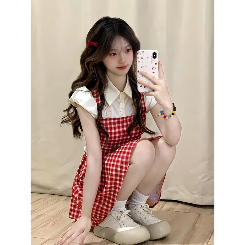 創(chuàng)京懿選套連衣裙甜美格連衣裙女夏學(xué)院風(fēng)小個穿搭泡泡袖收腰 假兩件格紋連衣裙 S