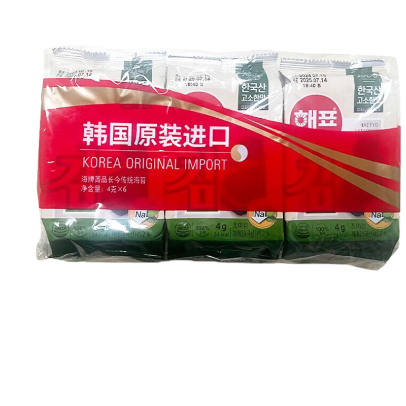 海牌菁品韓國進(jìn)口長(cháng)今傳統海苔4g*6包佐餐拌飯壽司非油炸即食紫菜零食24g