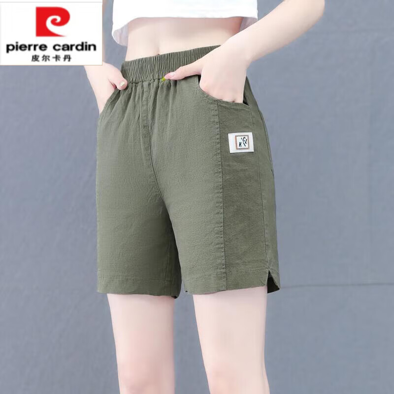 皮尔卡丹（pierre cardin）纯棉短裤女夏季外穿新款休闲裤松紧腰运动裤薄款直筒五分裤子 品牌旗舰军绿 XL 110-125斤