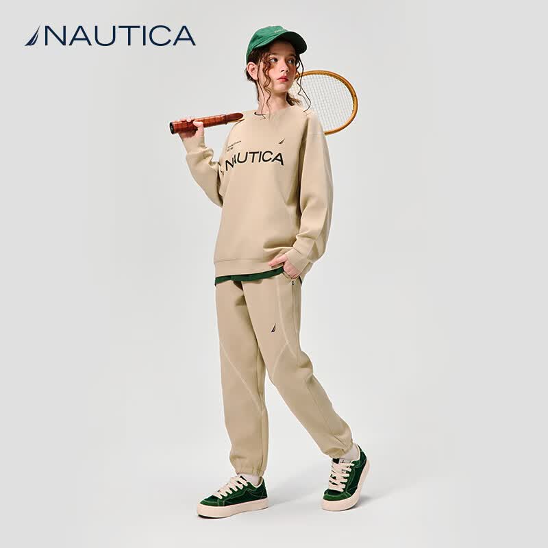 NAUTICA诺帝卡童装男女童圆领卫衣春秋季儿童亲肤空气层运动上衣衣服 卡其 120