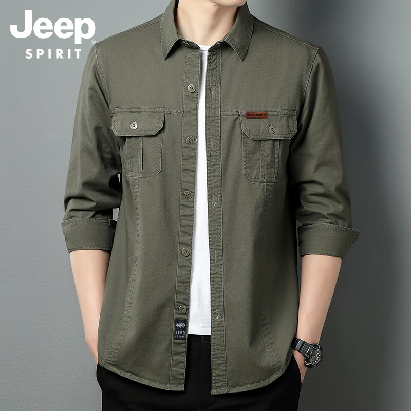 JEEP SPIRIT 1941 ESTD吉普美式工装长袖衬衫男士外套春秋季休闲上衣2025新款纯棉衬衣男 军绿色 （长袖） 2XL （推荐141-150斤）