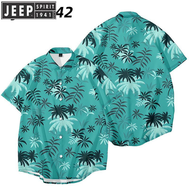 JEEP SPIRIT吉普短袖夏威夷T恤花襯衫男感夏季薄款三亞海邊穿搭沙灘套裝 套裝 XS