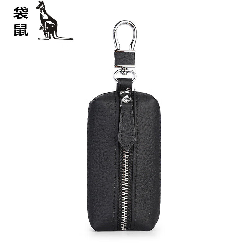 袋鼠通用汽車鑰匙套多功能拉鏈式車用鑰匙包頭層牛皮復(fù)古腰掛鑰匙皮套 黑色